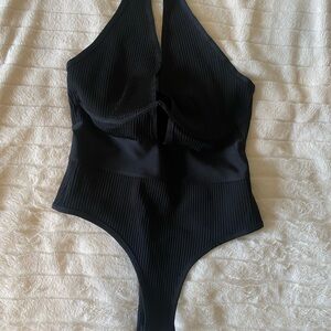 Black Ribbed Halter Bodysuit
